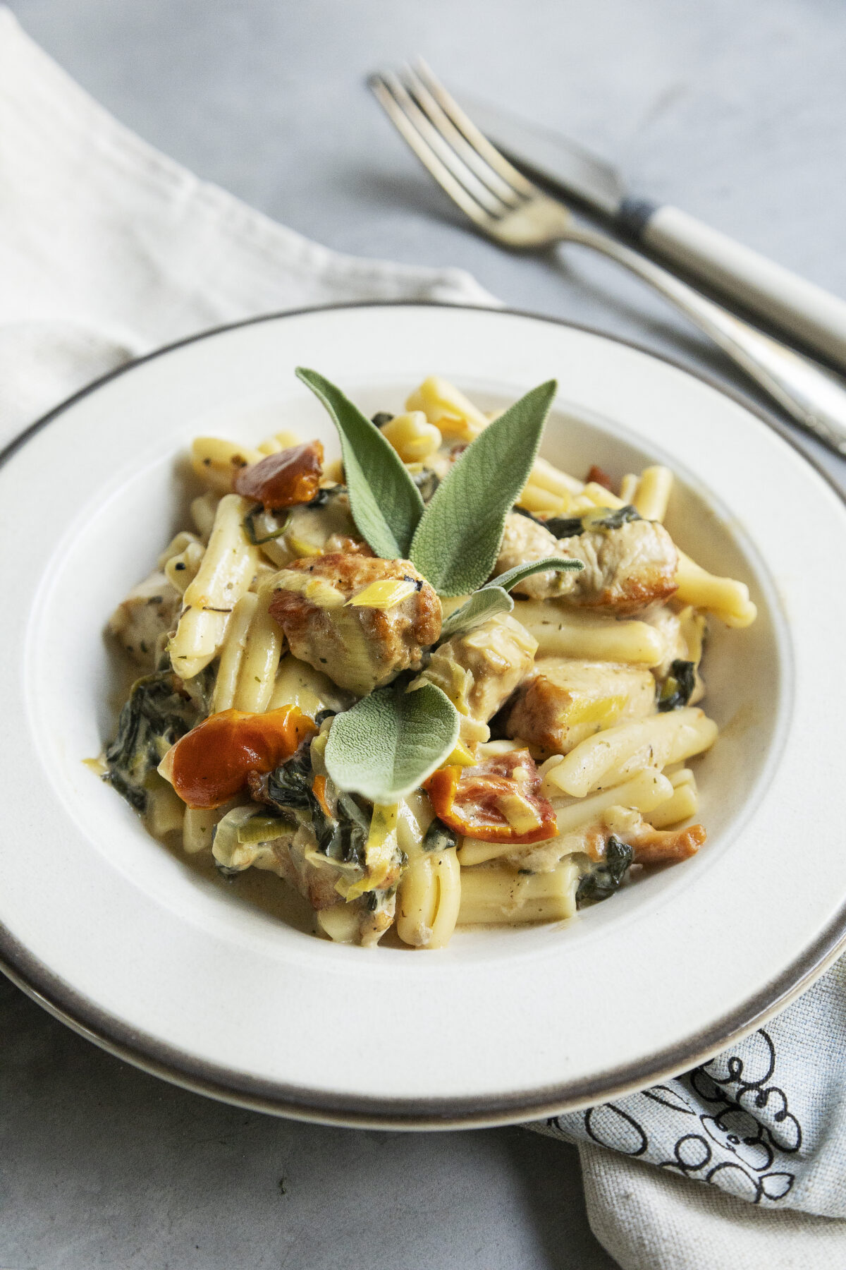Creamy pasta with chicken, sage and vegetables, Concordia Catering