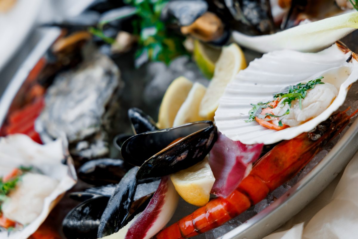 Seafood display with lobster mussels and shellfish for wedding fine dining by Concordia Catering