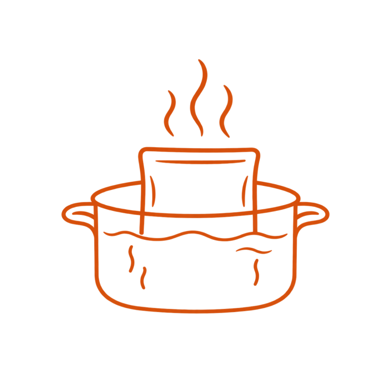 Sealed sous-vide meal pouch reheated in a pot of hot water